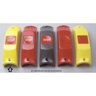 Przycisk STOP P105bis na poręcz śr. 35mm- obudowa żółta RAL1018, przycisk czerwony RAL3000
