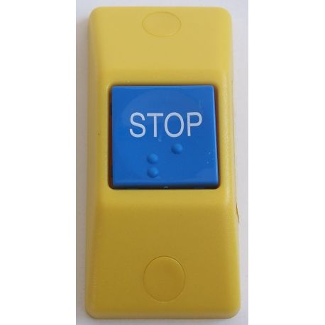 Przycisk STOP P167- obudowa zółta RAL 1018, przycisk niebieski RAL 5015 + oznakowanie Braille'a